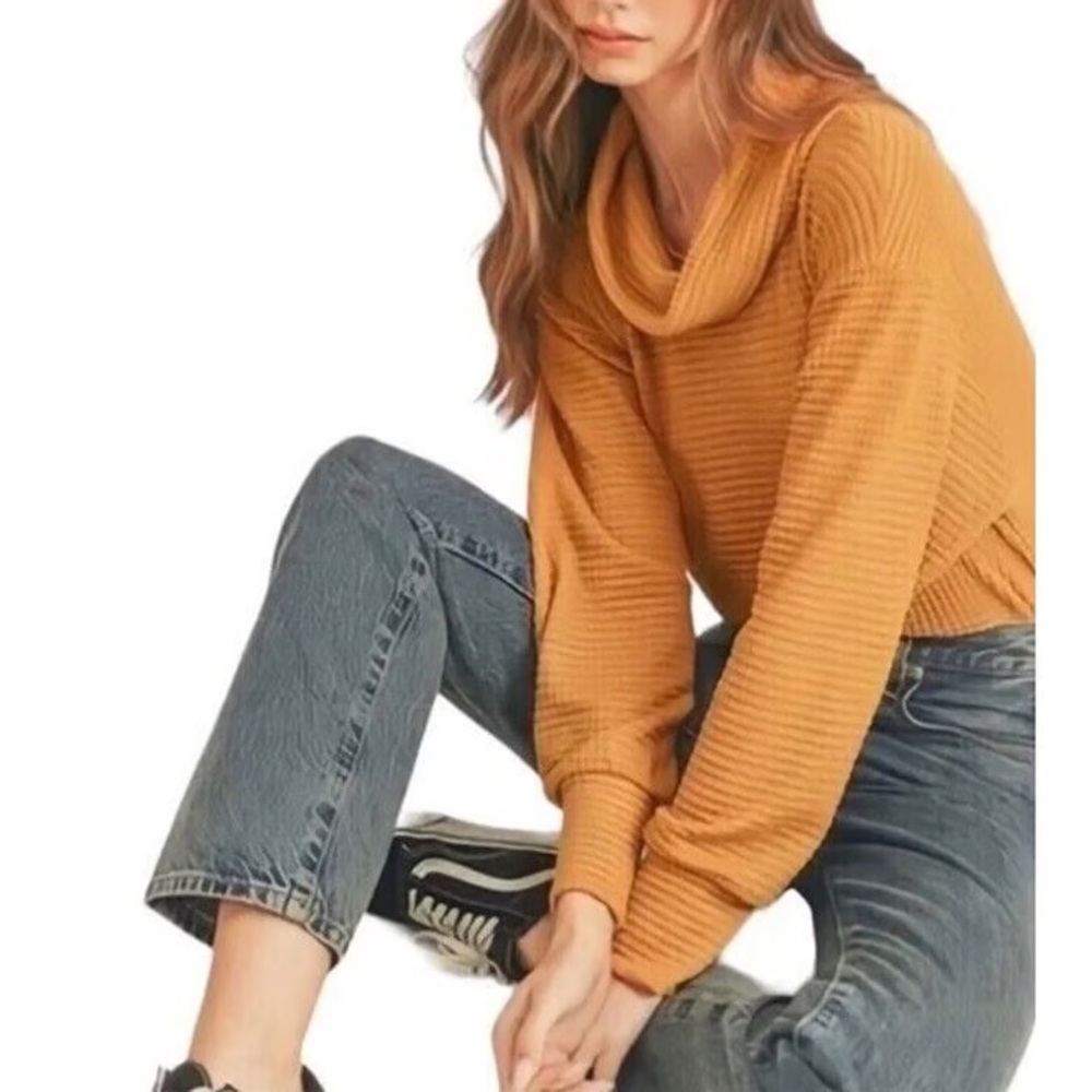Anthropologie Maeve Ribbed Knit Cowl Neck Mustard Marigold Long Sleeve Top XL